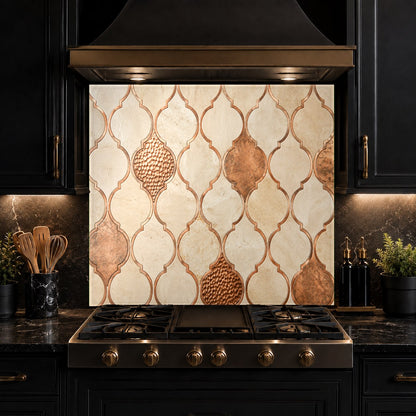 Durable and easy-to-clean copper geometric tempered glass backsplash protecting the wall behind a kitchen stove.