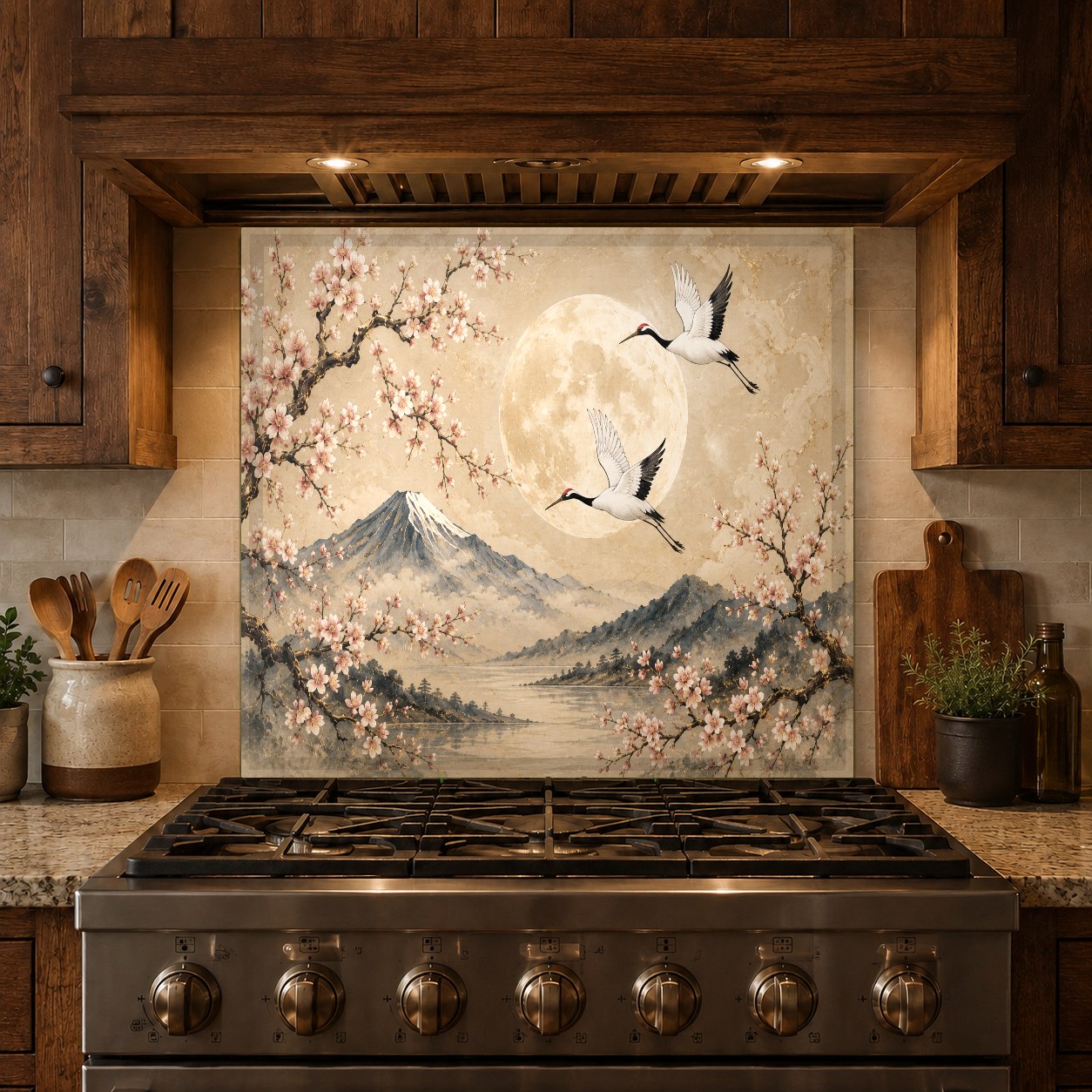 Durable and easy-to-clean tempered glass kitchen backsplash with a serene crane and full moon print.