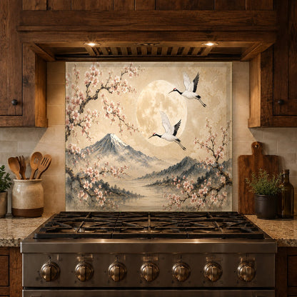 Durable and easy-to-clean tempered glass kitchen backsplash with a serene crane and full moon print.