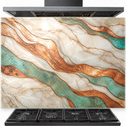 A rustic copper patina glass backsplash installed behind a professional gas stove in a modern kitchen.