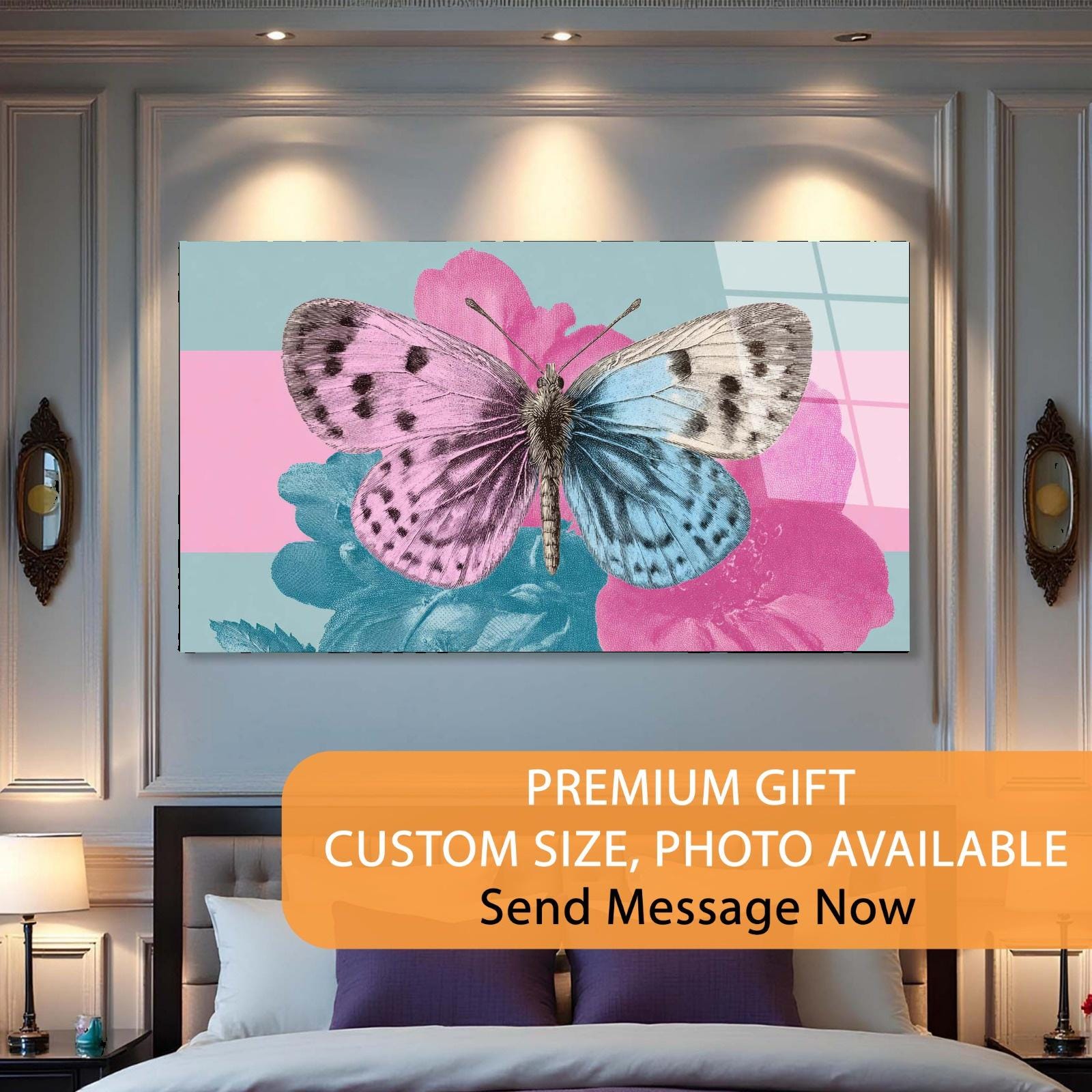 Framed artwork of a butterfly on a floral background in a bedroom setting.