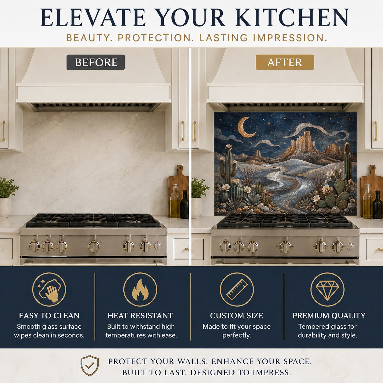 Stunning moon desert kitchen backsplash panel showcasing vibrant UV-printed colors in a contemporary kitchen setting.