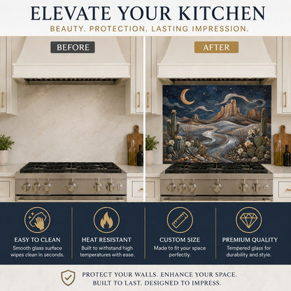 Stunning moon desert kitchen backsplash panel showcasing vibrant UV-printed colors in a contemporary kitchen setting.