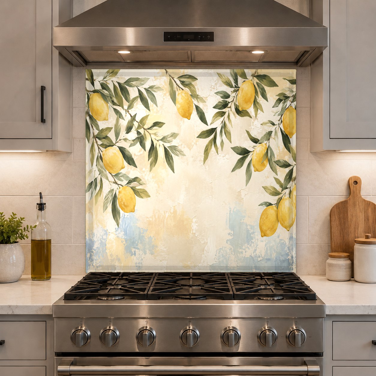 Close-up of heat-resistant lemon tree glass kitchen backsplash with high-gloss finish