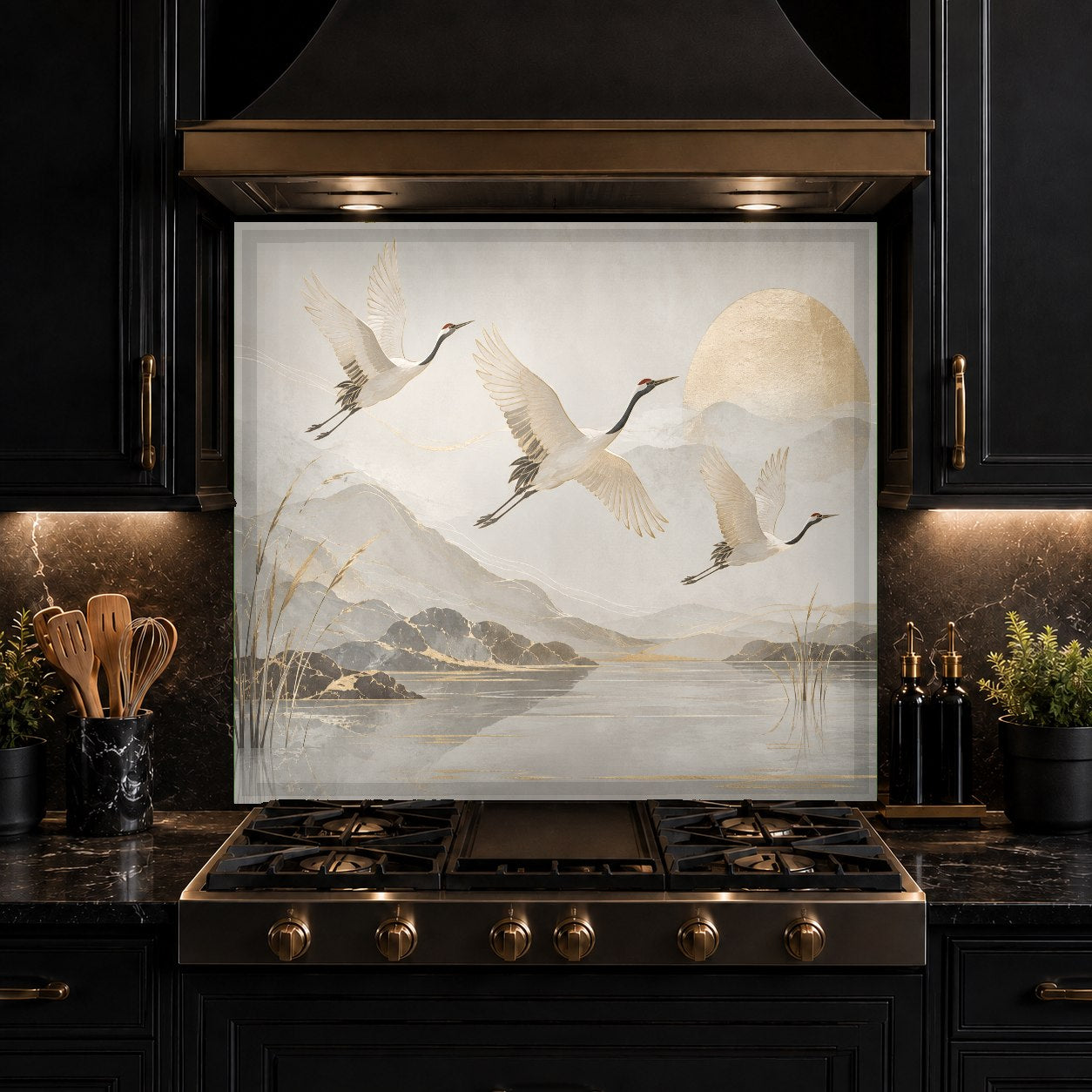 Colorful birds glass kitchen backsplash reflecting modern kitchen lighting