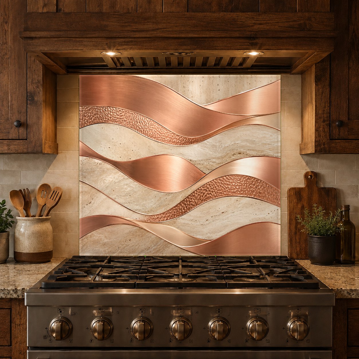High-gloss tempered glass kitchen backsplash panel with copper fluid abstract design