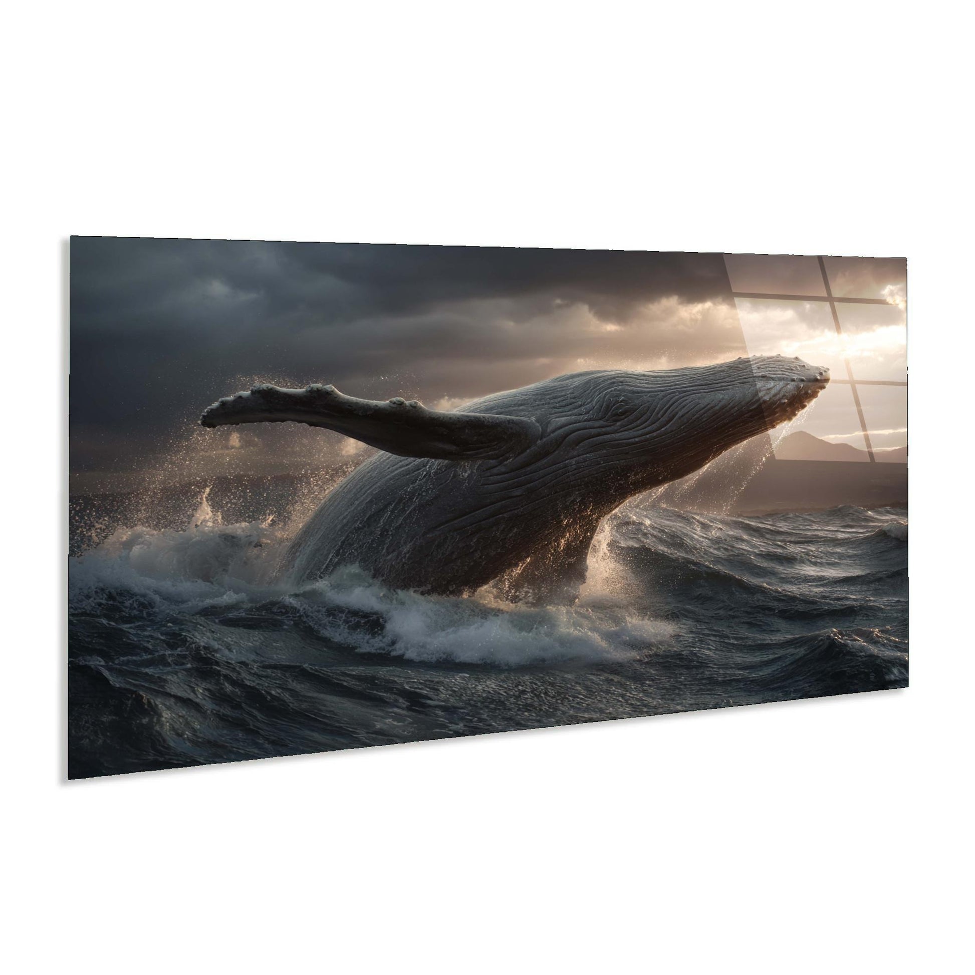 Whale breaching out of water with stormy sky and sunlit horizon