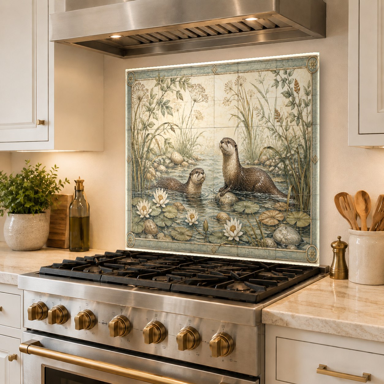 Durable tempered glass backsplash with a wild life design behind a wet bar sink area.