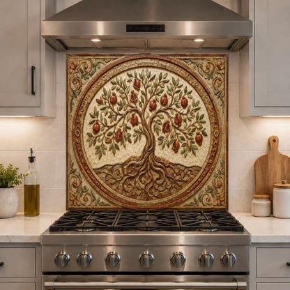 Durable and easy-to-clean tempered glass backsplash with a Pomegranate Crest motif in a home bar area.