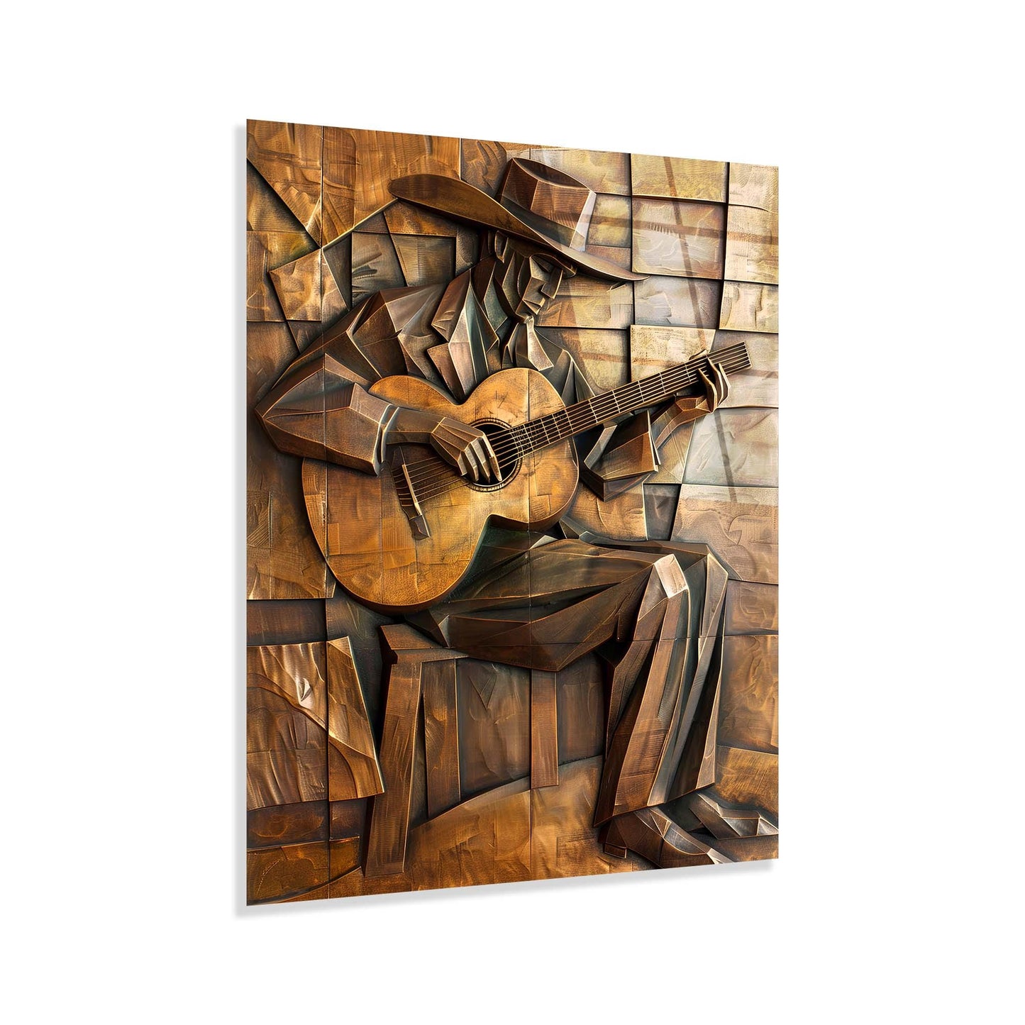Abstract artwork of a figure playing guitar with geometric patterns in brown tones.