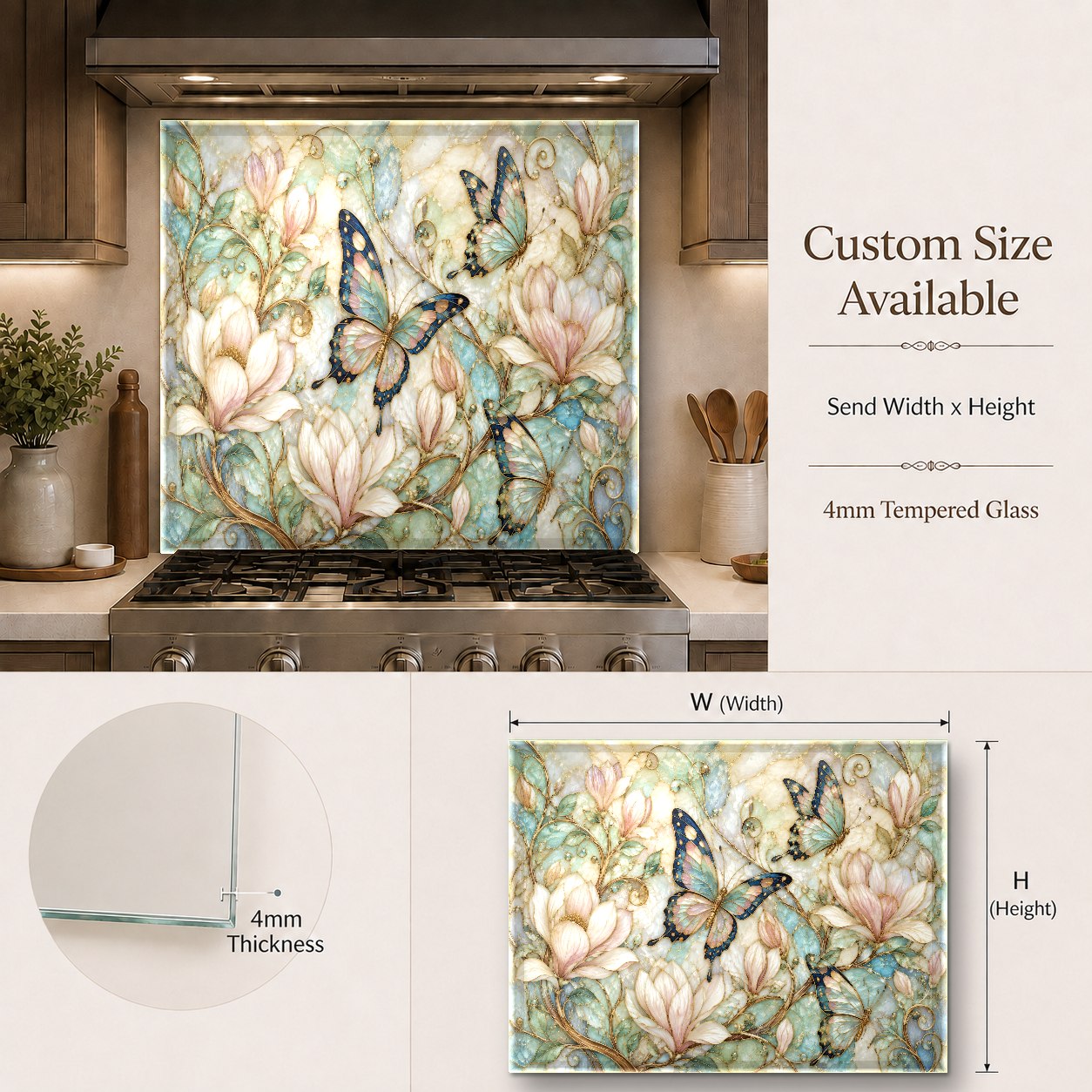 Butterfly print tempered glass backsplash in home bar area