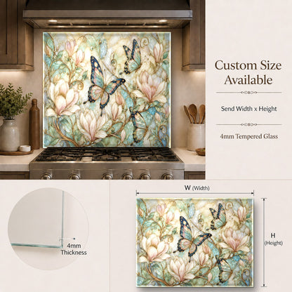 Butterfly print tempered glass backsplash in home bar area