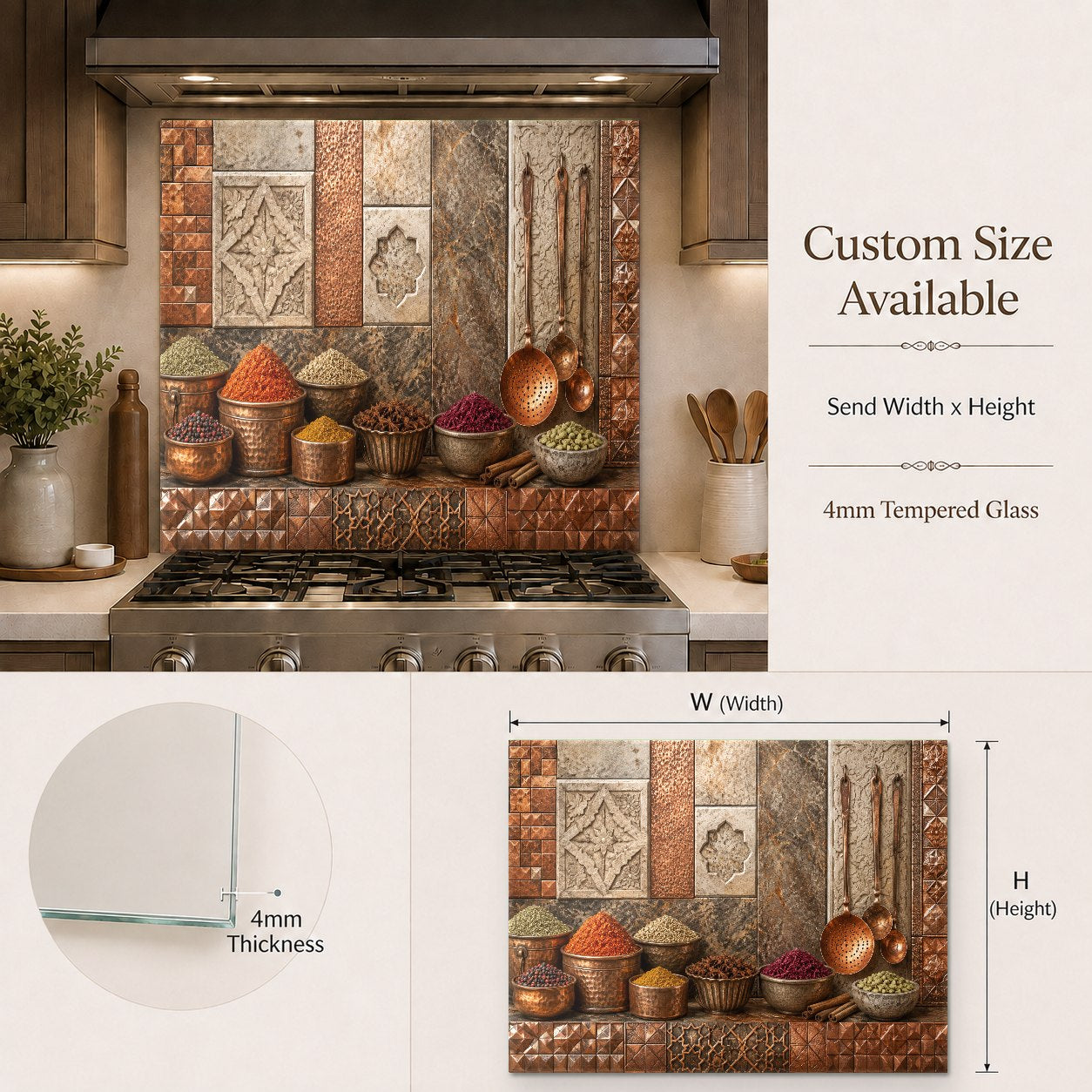Copper Spice decorative tempered glass panel in a luxury kitchen bar area