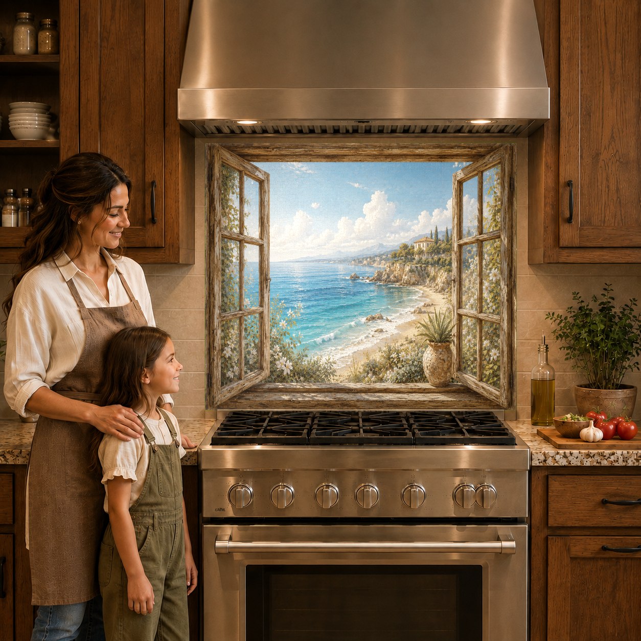 Ocean view kitchen glass backsplash over cooktop