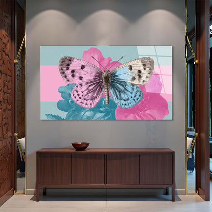 Framed artwork of butterflies on flowers above a wooden cabinet.