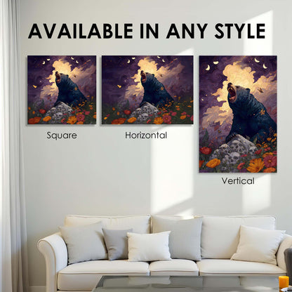 Three bear paintings in different orientations above a white sofa.