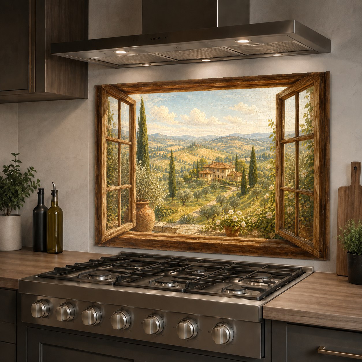 Durable tempered glass kitchen backsplash with wildflower prints behind a stainless steel sink.