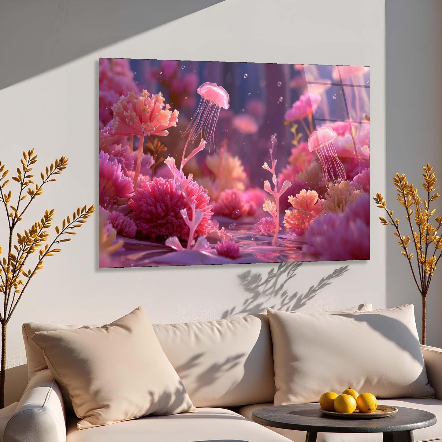 Framed artwork of a pink underwater scene with jellyfish on a wall above a beige sofa.