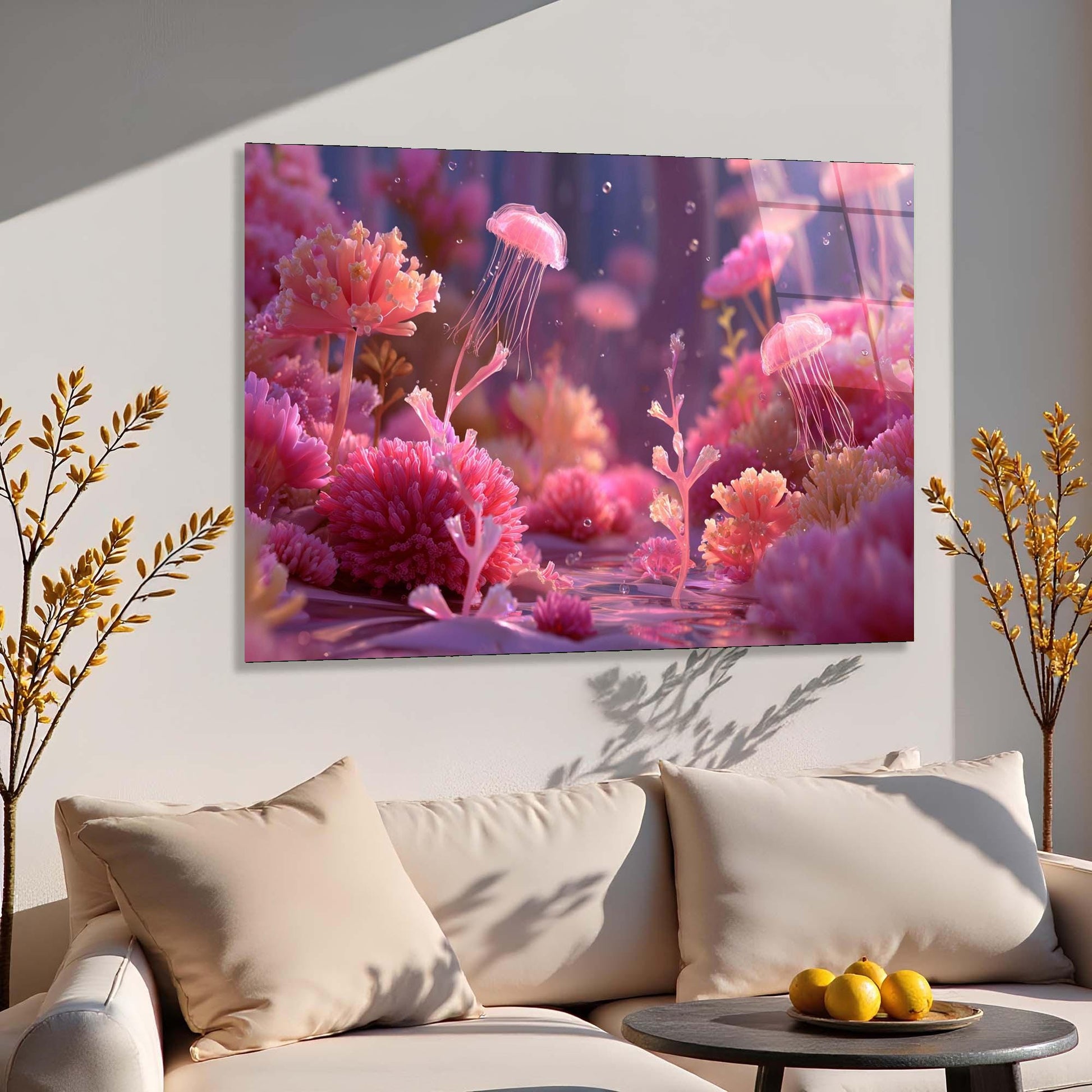 Framed artwork of a pink underwater scene with jellyfish on a wall above a beige sofa.