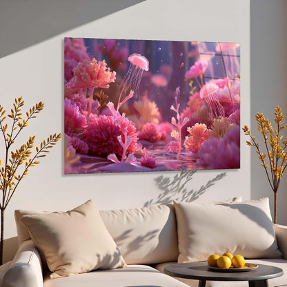 Framed artwork of a pink underwater scene with jellyfish on a wall above a beige sofa.