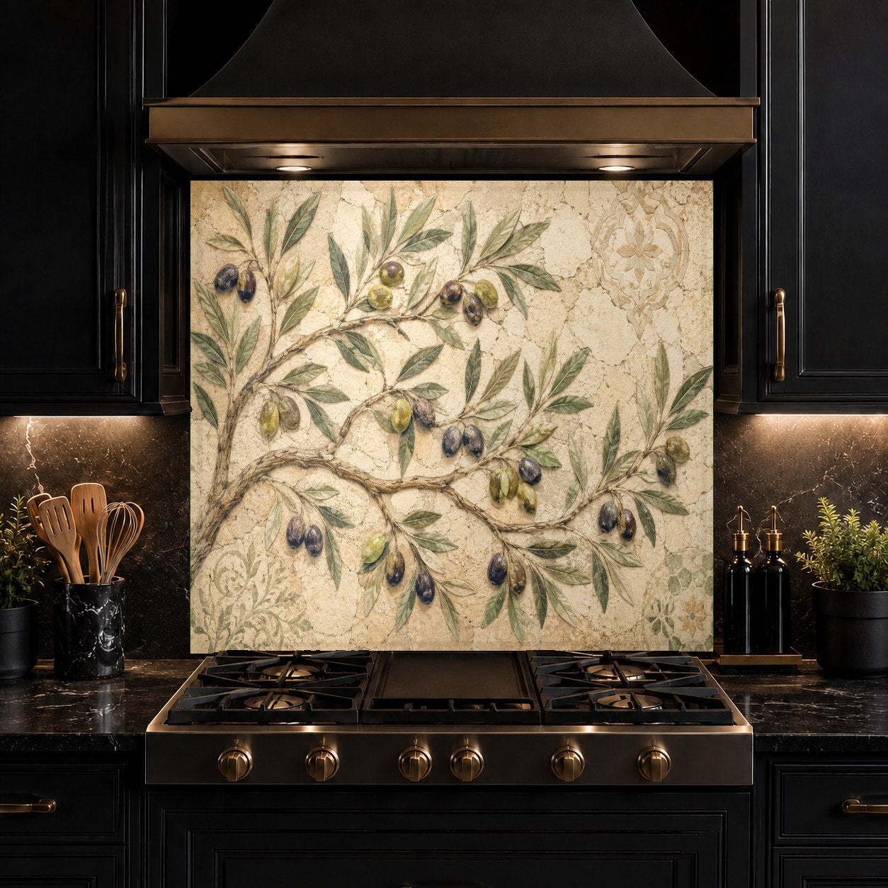 Olive Grove design glass backsplash installed in a bright modern farmhouse kitchen