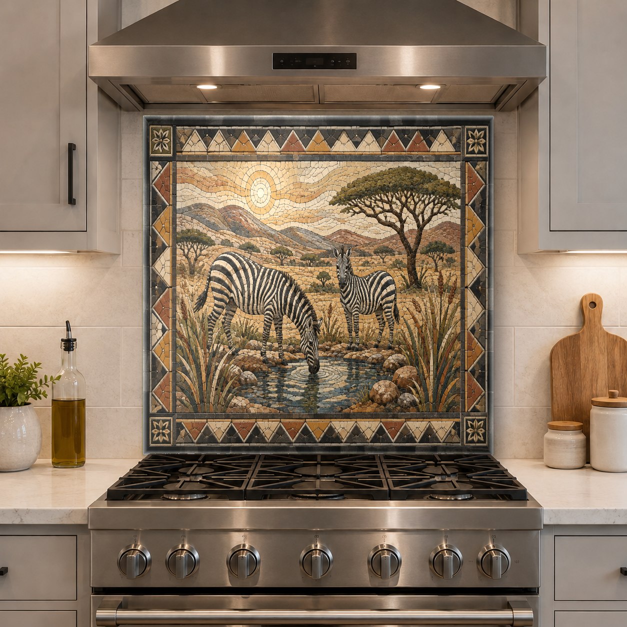 Bold zebra stripe tempered glass kitchen backsplash over a gas cooktop