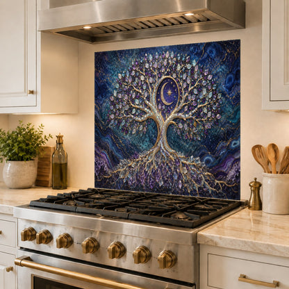 High-gloss cosmic tree design printed on a tempered glass backsplash behind a professional-grade kitchen stove.