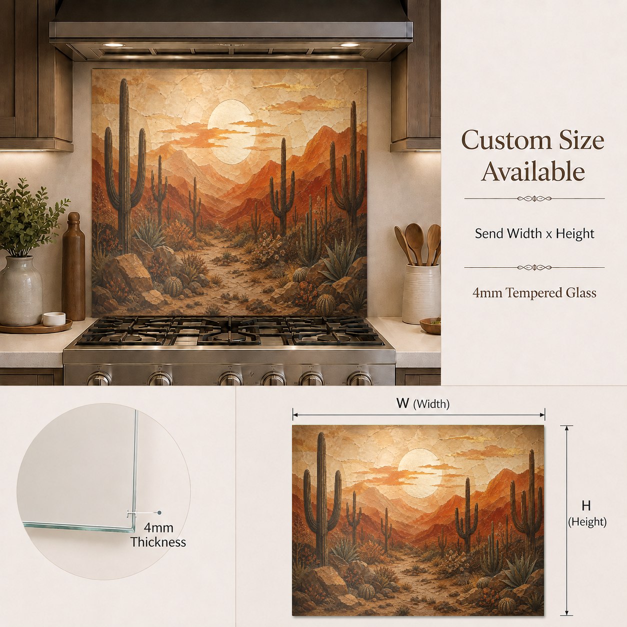 Warm tones of a desert sunset glass backsplash panel complementing dark wood cabinets in a contemporary kitchen.