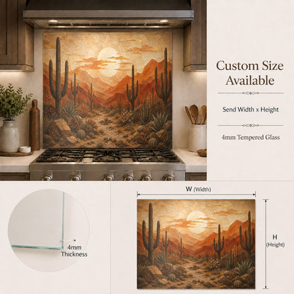 Warm tones of a desert sunset glass backsplash panel complementing dark wood cabinets in a contemporary kitchen.