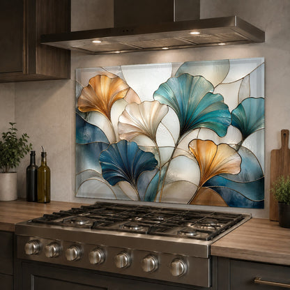 Colorful floral stained glass backsplash protecting the wall behind a kitchen sink