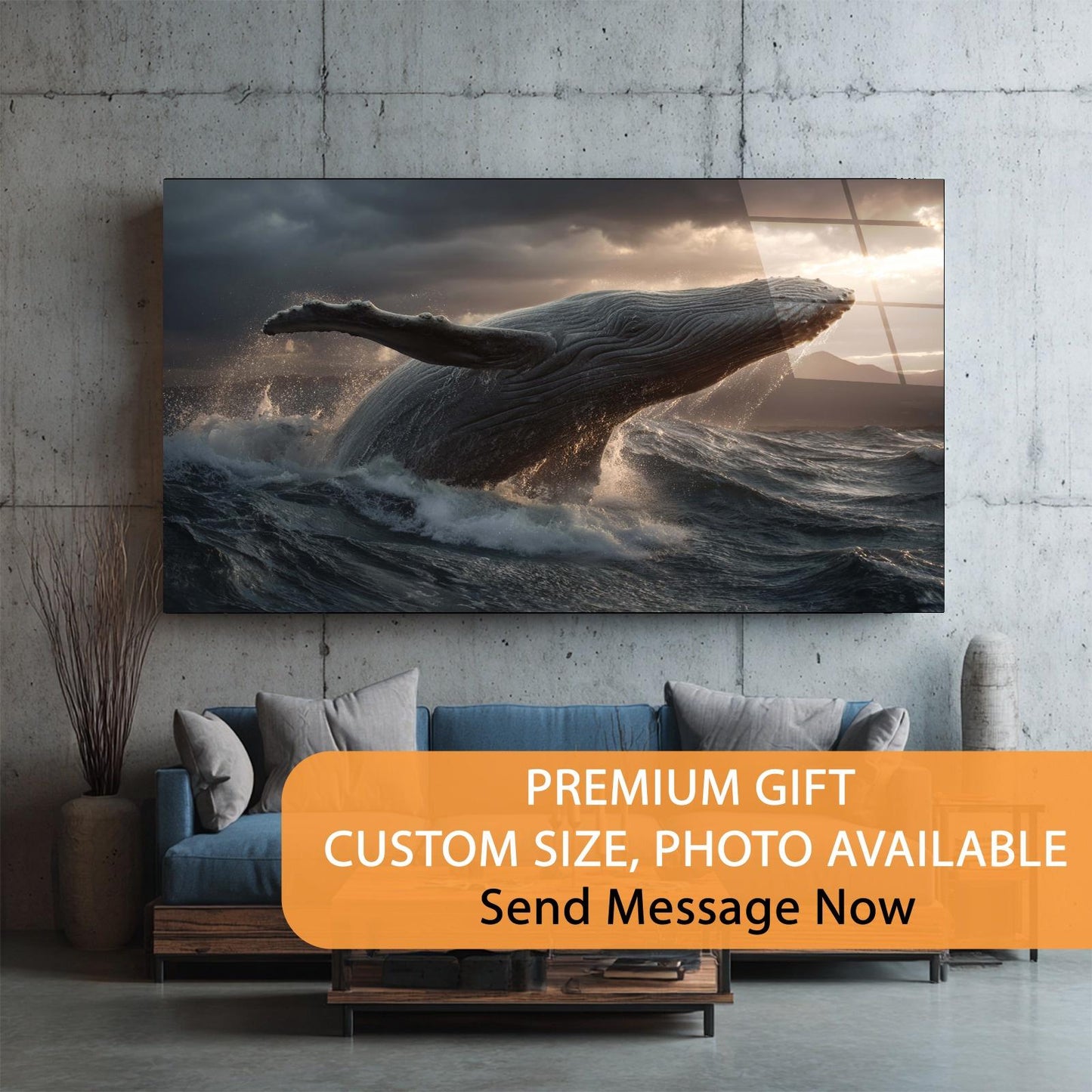 Large wall art of a whale in the ocean above a sofa with promotional text overlay.