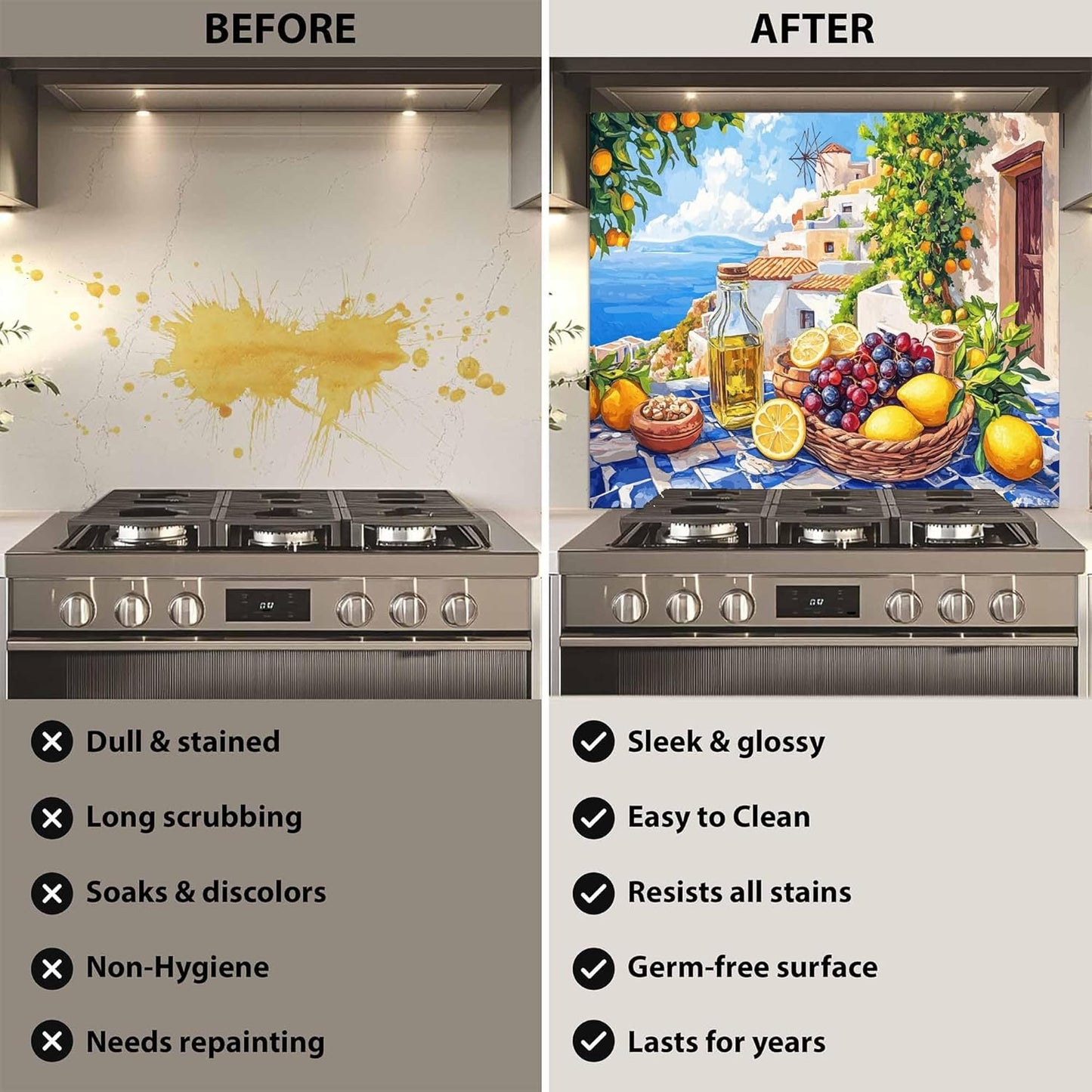 Before and after comparison of a kitchen stove with a decorative backsplash.