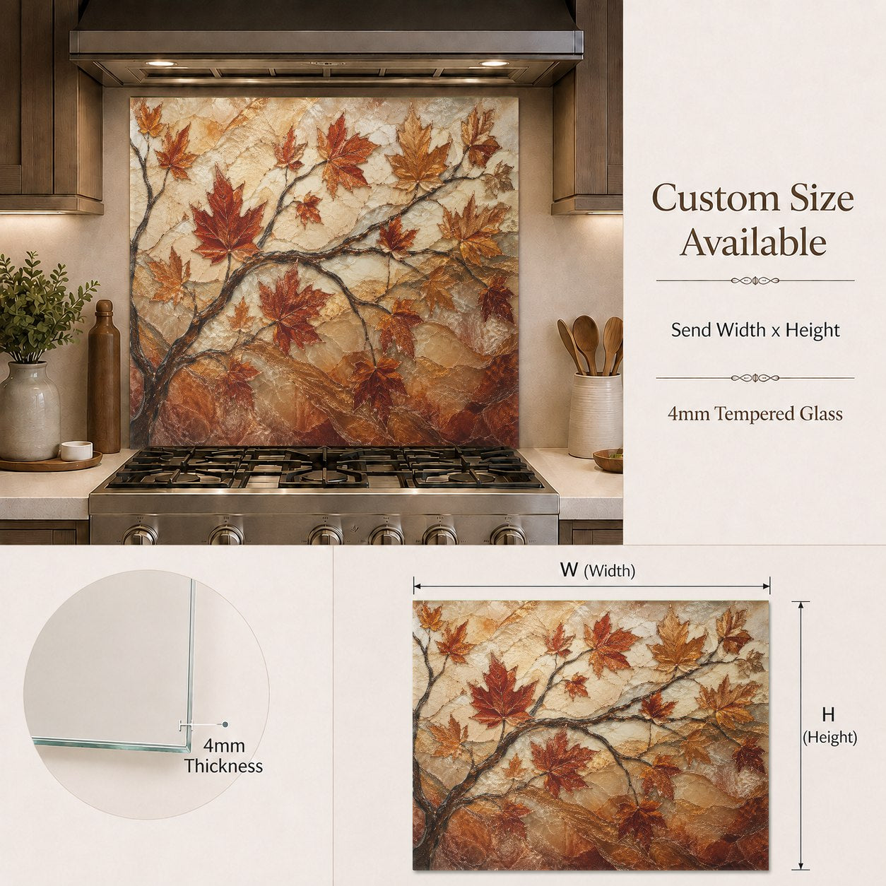 Sleek kitchen island bar area accented with a colorful maple leaf glass backsplash panel.