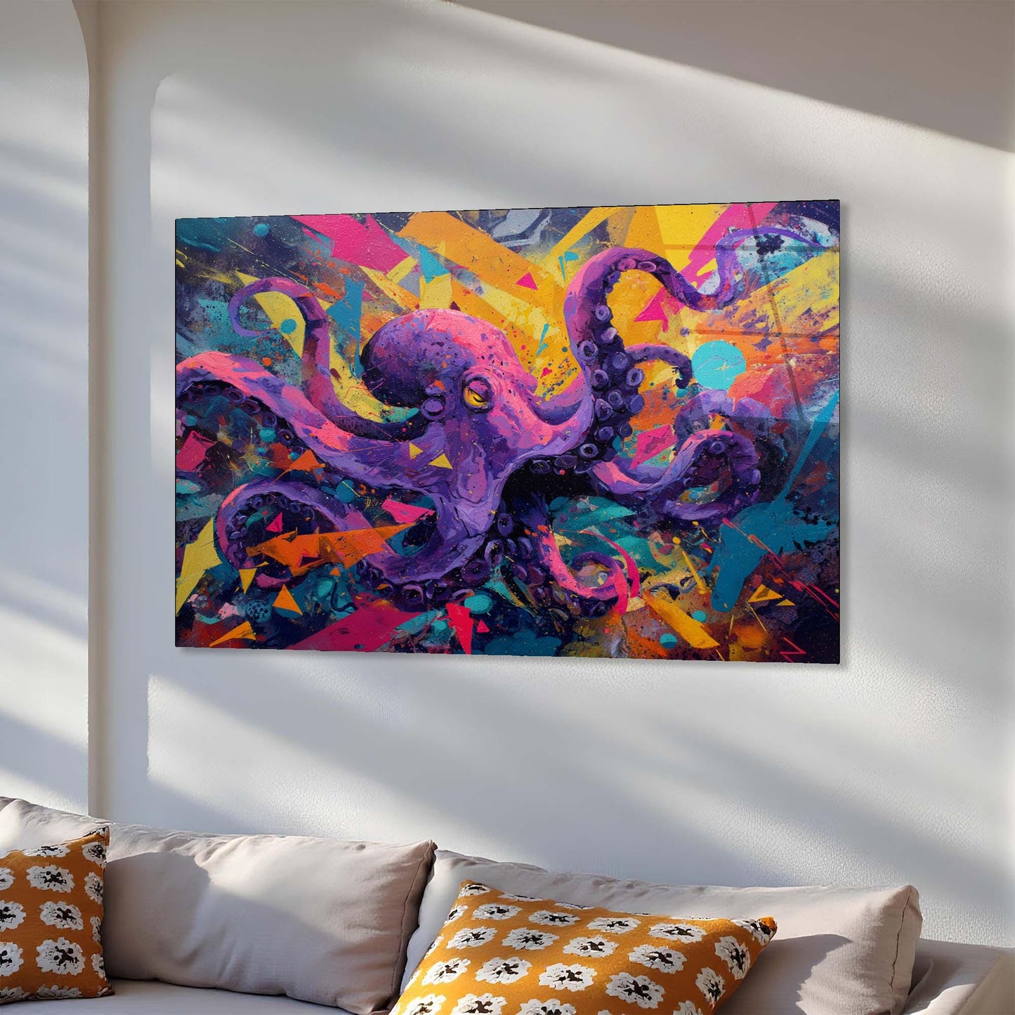 Colorful abstract painting of an octopus on a white wall above a sofa.