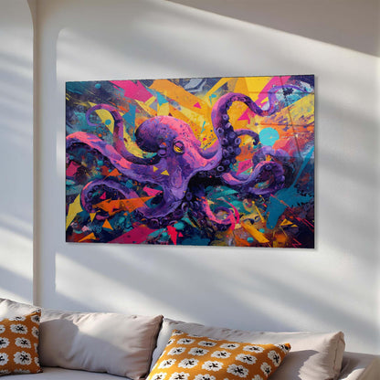 Colorful abstract painting of an octopus on a white wall above a sofa.