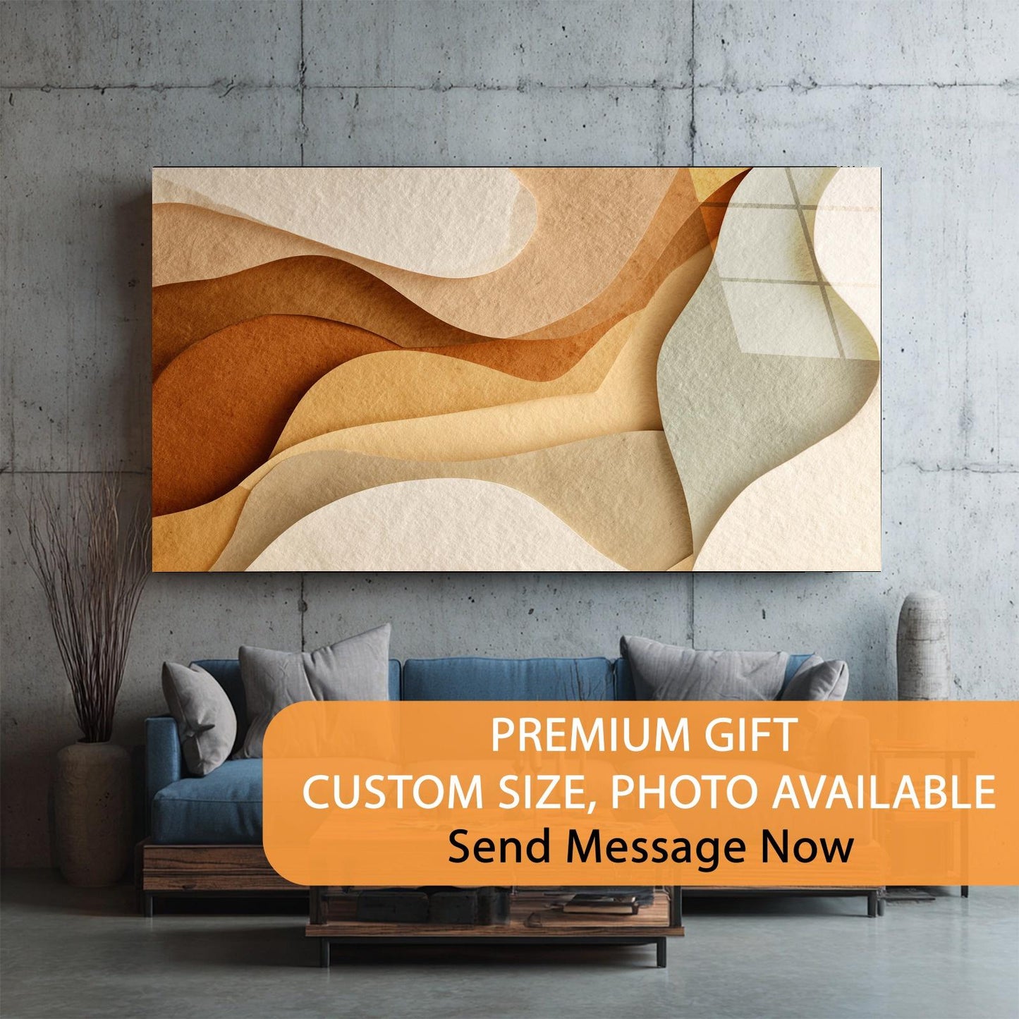 Abstract wall art in a modern living room with promotional text overlay.