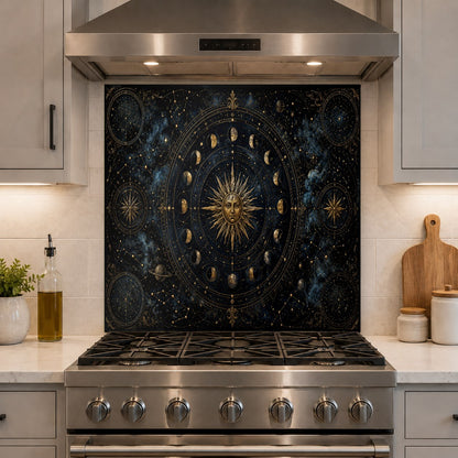 Navy blue celestial pattern tempered glass stove splash guard