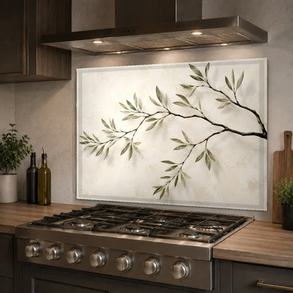 Botanical tree branches glass backsplash protecting a kitchen sink wall