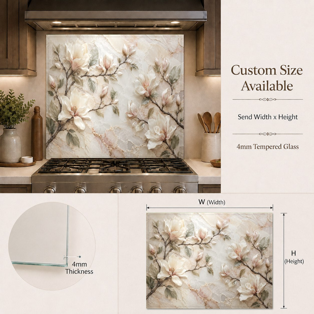 Easy-to-clean glass kitchen backsplash installed in a luxury home