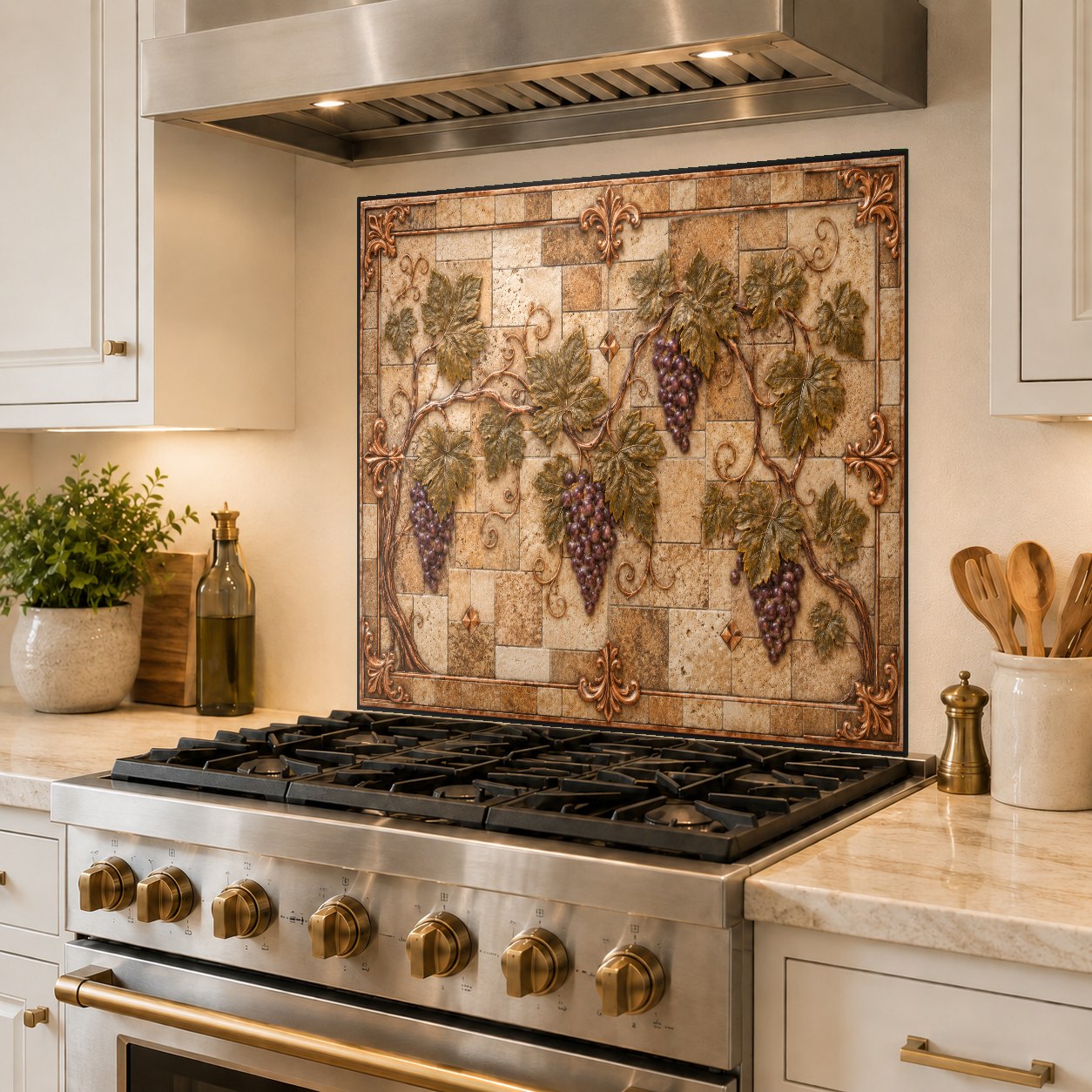 High-gloss copper grapes glass backsplash providing a seamless, grout-free wall protection behind a stove.