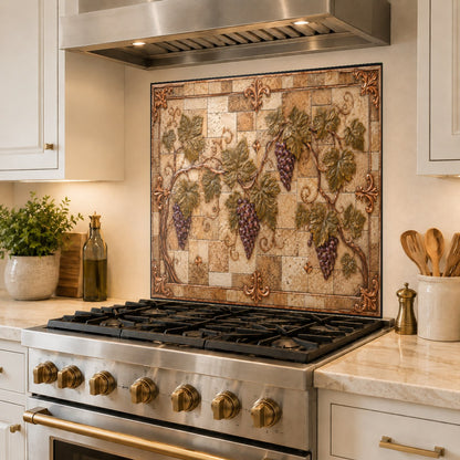 High-gloss copper grapes glass backsplash providing a seamless, grout-free wall protection behind a stove.