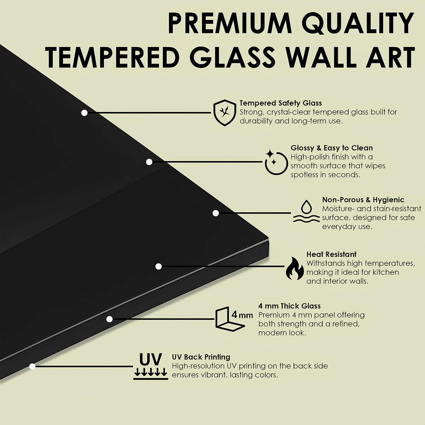 Tempered glass panel with features listed on a beige background
