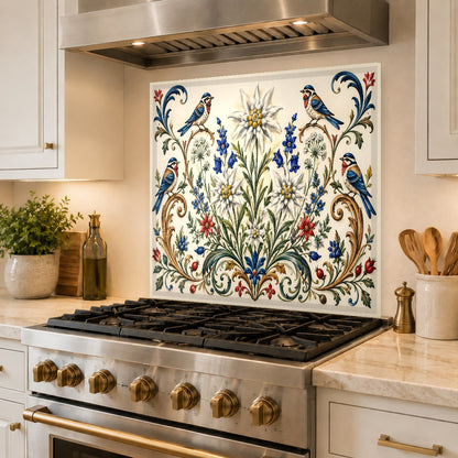 Hygienic grout-free glass backsplash with botanical coral pattern installed in a bright modern kitchen