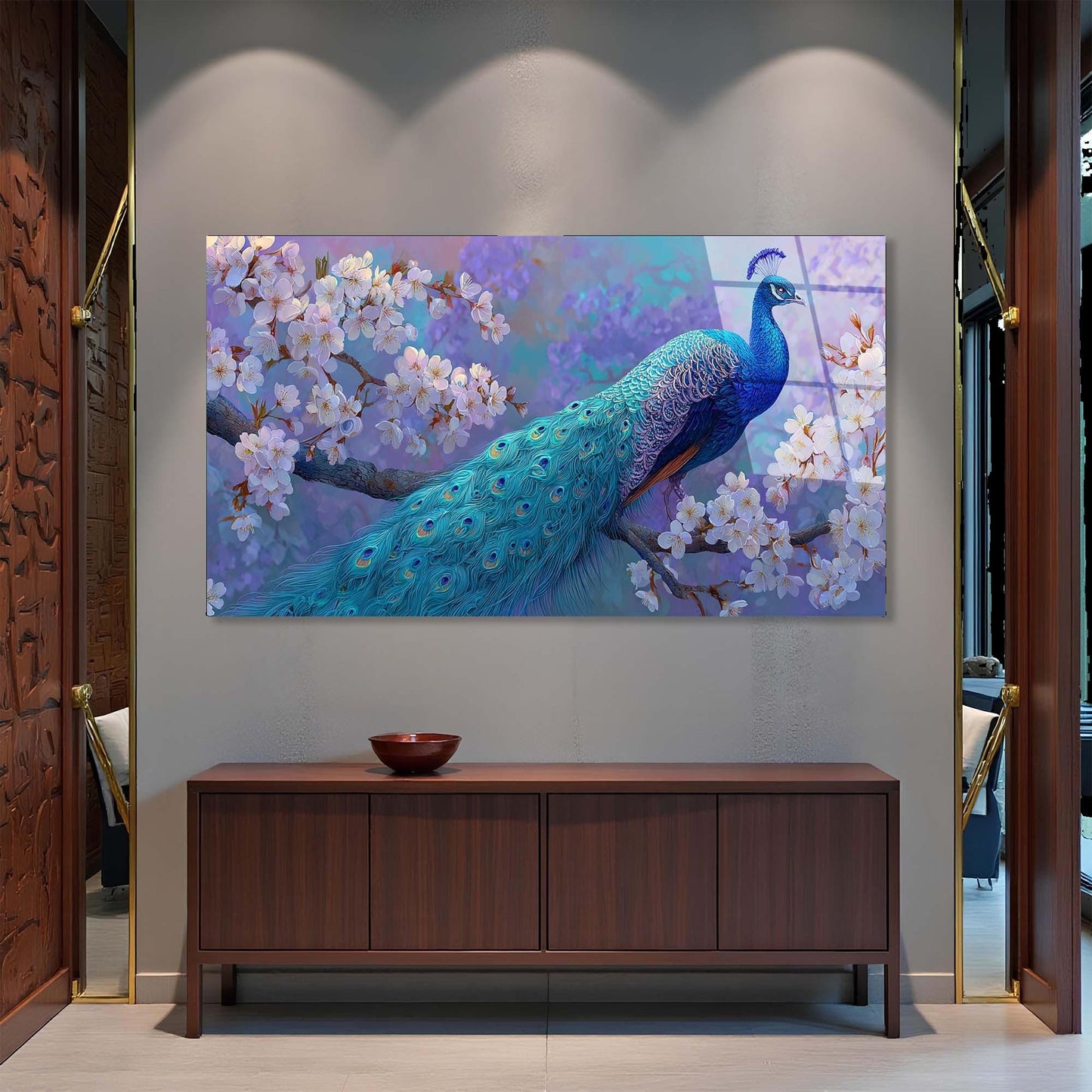 Peacock Blossom Tempered Glass Wall Art | Elegant Nature Decor