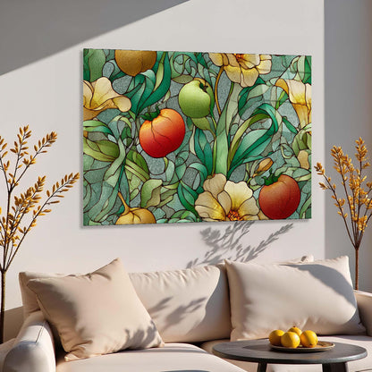 Colorful floral and fruit pattern on a wall above a sofa with decorative pillows.