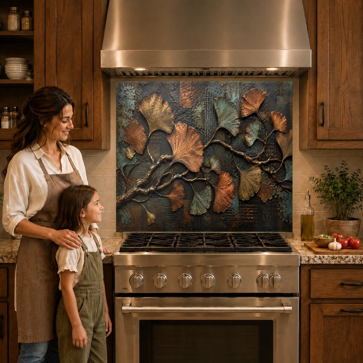 Metallic ginkgo leaf kitchen glass backsplash panel mounted behind a cooktop