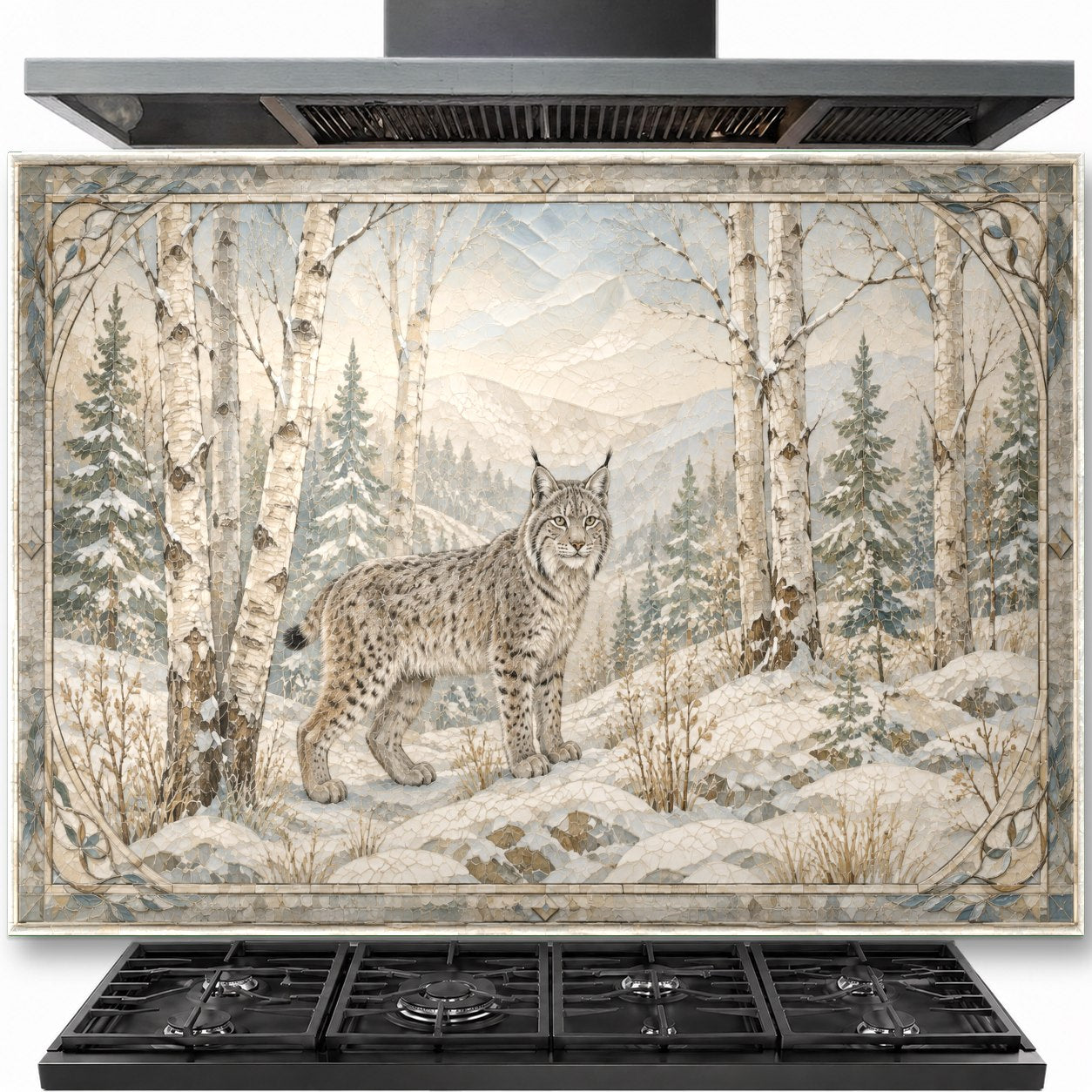 Winter Forest with Fox tempered glass backsplash installed behind kitchen stove