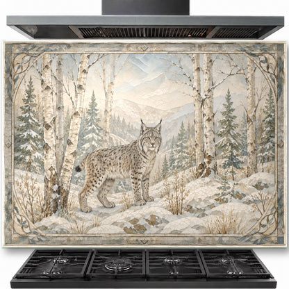 Winter Forest with Fox tempered glass backsplash installed behind kitchen stove