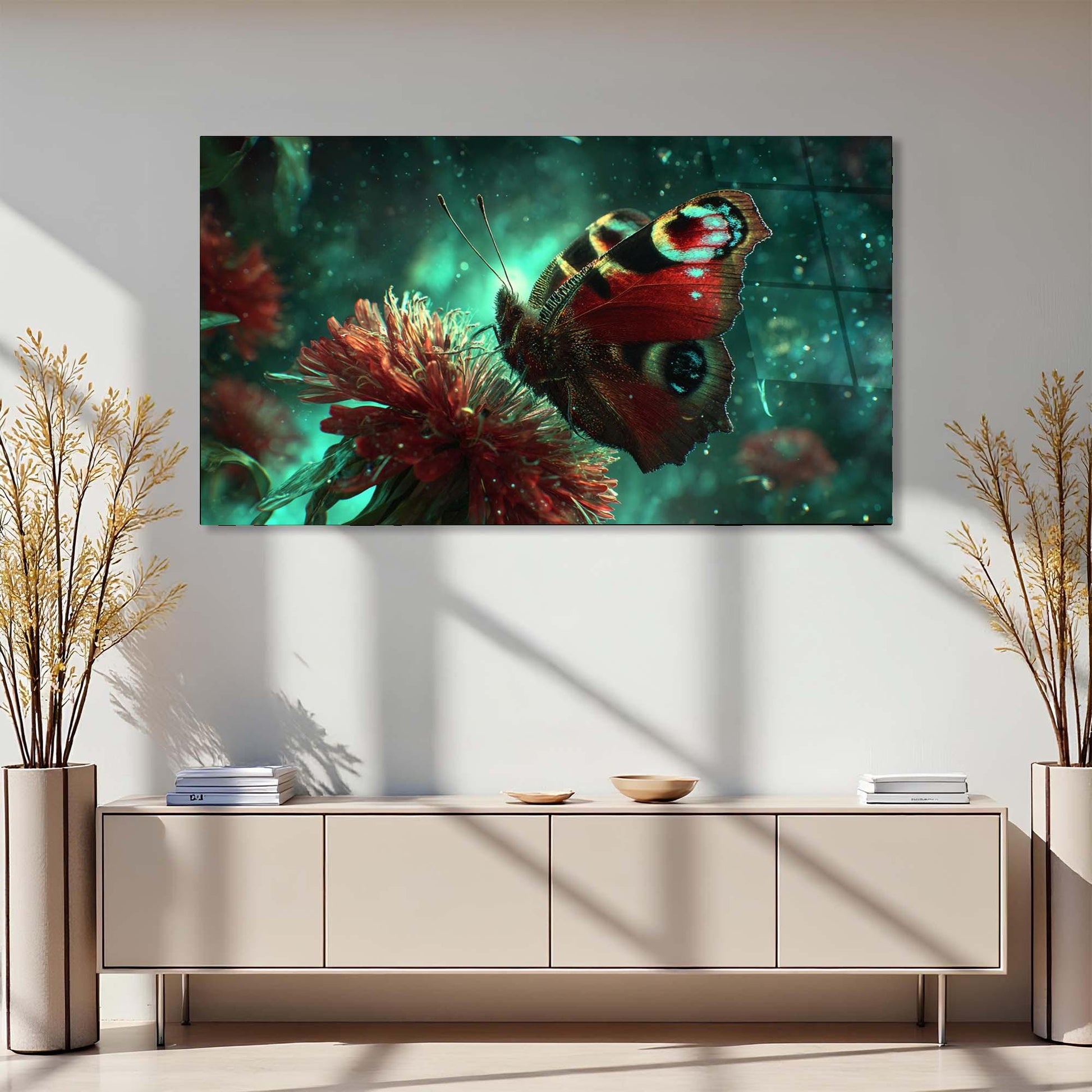 Modern interior with a large butterfly painting on the wall above a light-colored cabinet.