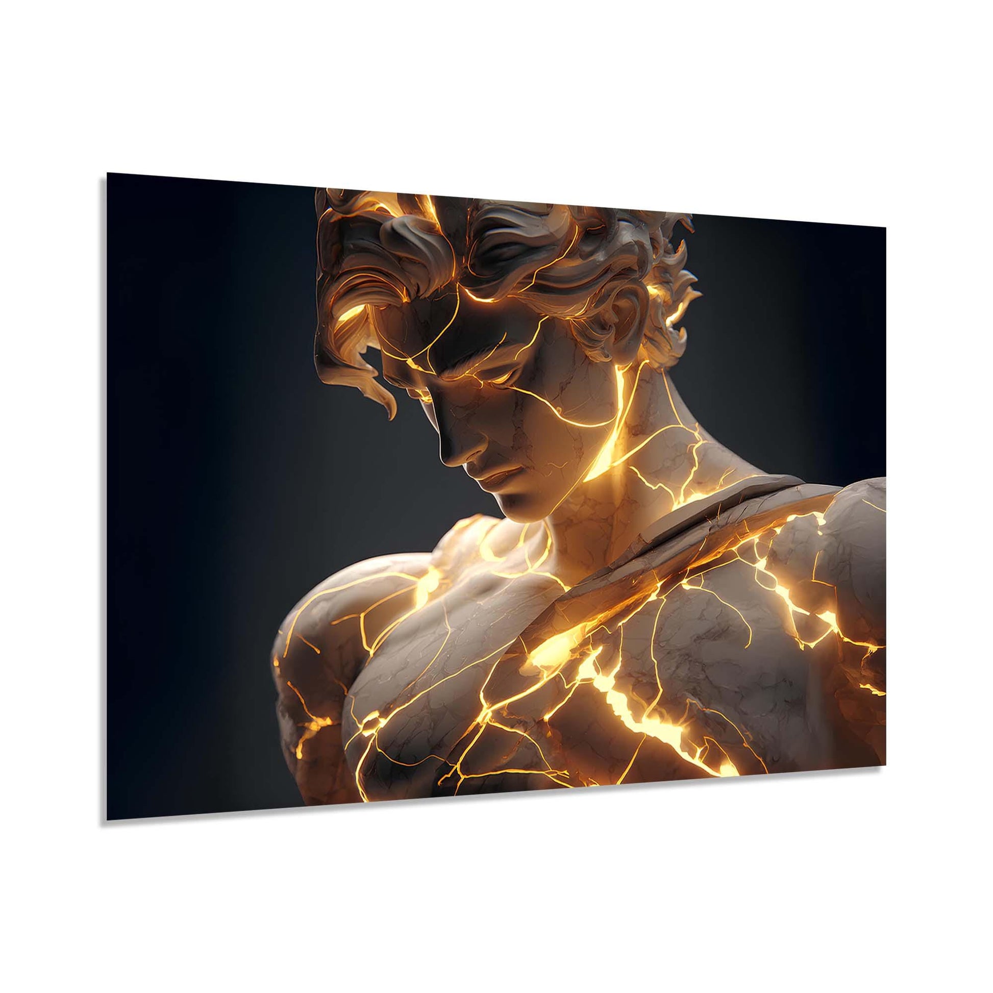 Statue with glowing golden energy effects on a dark background